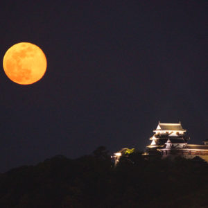 松山城にのぼる月
